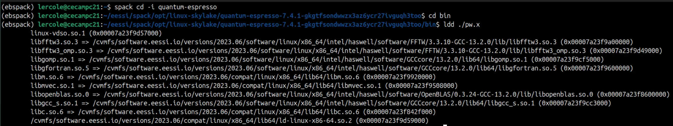 Inspecting the list of libraries that pw.x binary links to