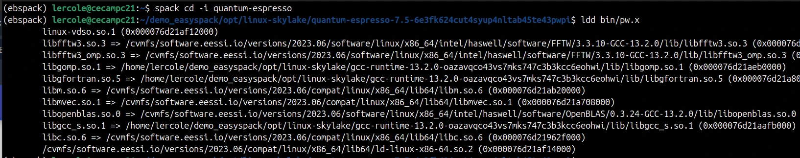 Inspecting the list of libraries that pw.x binary links to